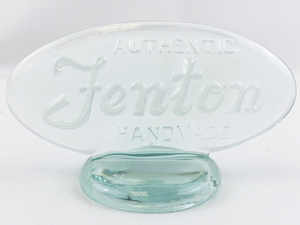 lot 31 image: FENTON 5 Opaline Oval Authentic Fenton Handmade Logo Shelf Display Sign.