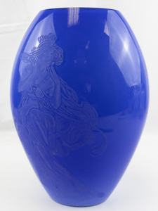 lot 1 image: 1985 FENTON 12 French Blue Gabrielle Sand carved Oval Vase. LIMITED EDITION #104800