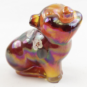 lot 38T image: FENTON Red Carnival Hand painted Floral Sitting Pig Figurine.