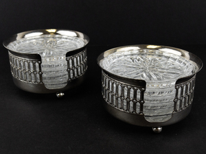 lot 46 image: Set of 2 Vintage Italian Silver Plated Footed Holder & Crystal Set of 6 Coasters