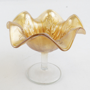 lot 151 image: 4 Carnival Glass Imperial Marigold Stemmed Pedestal Compote Dish with Leaf Design