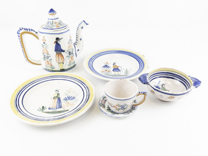 lot 178 image: QUIMPER Henriot French Coffee Pot & Lid, Bowl, Set of Two Plates & Tea Cup with Saucer. Estimated Replacement Value  $500