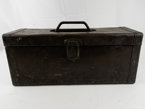 lot 180 image: CORBIN 18 Vintage Brown Metal Tackle Box with Some Tackle. -Decor