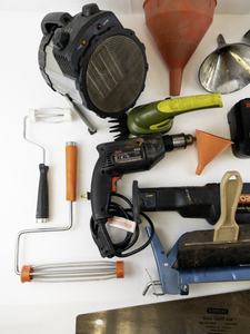 lot 185 image: Large Box of Tools -Hedge Trimmer, Corded Drill, JigSaw, Painting Supplies, Funnels, Batteries & More