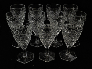 lot 215 image: Set of 11 FOSTORIA AMERICAN CLEAR 2056 Hex Foot Water Goblets. Estimated Replacement Value $220