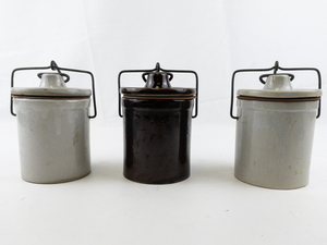 lot 16 image: Group of Three Brown & Grey Crocks with Lids -All functional with Original Rubber Seals