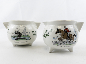 lot 252 image: CARRIGALINE POTTERY CO. Fox Hunt & Fisherman Open Sugar Bowl & Creamer -Cork Ireland
