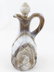 lot 255 image: 7 Beautiful IMPERIAL Opaque Pressed Caramel Brown & Butterscotch Slag Glass Cruet & Stopper
