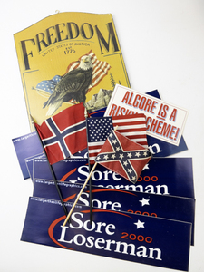 lot 116 image: Political and Patriotic Lot - Sign, Bumper Stickers and flags