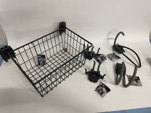 lot 62 image: Garage Grid Organized Living Slatwall Basket, Tool Hanging Hooks, Bike  Bicycle Hanger and Accessories