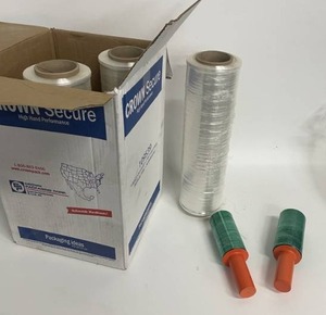 lot 67 image: Large Box of 3 New Rolls of Crown Secure Shrink Wrap Model 109539 & 2 Small Handheld Shrinkwrap Dispensers & Wrap