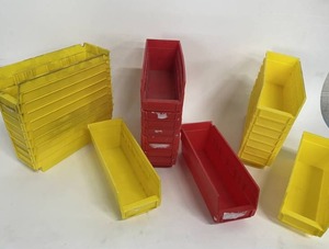 lot 94 image: Lot of 25 Multi-Colored Plastic Shelf Parts Bins  Organizers - Size 12 x 4 x 4