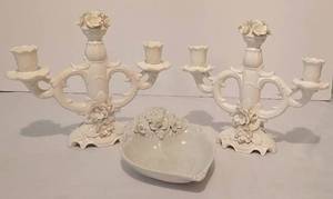 lot 49 image: Vintage Ardalt Artware Lenwile Candelabra Pair  Heart Shaped Dish