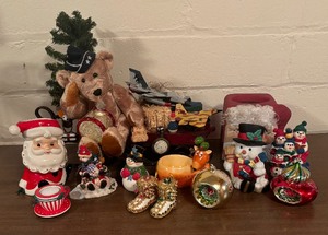 lot 305A image: Deck the Halls Holiday Decor including Teddy Bear Sleigh, Candles, Figurines, Tissue Holder and More