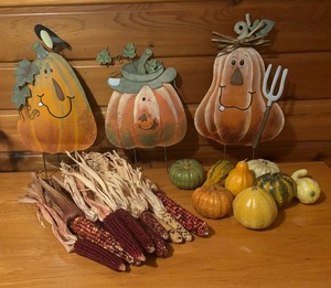lot 325A image: Harvest Time Fall Decor including Pumpkin Stakes, Faux Gourds and Dried Corn