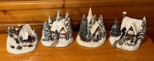 lot 254 image: Thomas Kinkade Village Buildings including A Christmas Welcome, The Sleigh Ride, Country Christmas Home Coming and Winter at Mountain Chapel