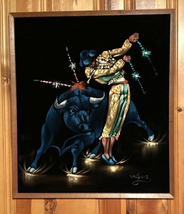 lot 21B image: Original Vintage Matador Bull Fight Painting by R. Marquez