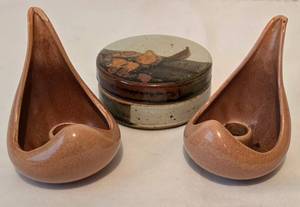 lot 46 image: Red Wing Candleholder Duo  Covered Pottery Dish