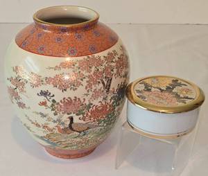 lot 234 image: Vintage Asian Inspired Peacock Design Vase and Porcelain Trinket Box