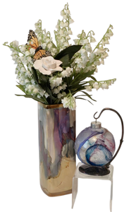 lot 331 image: Iridescent Glass Vase with Faux Floral Arrangement and Hand Blown Glass Ornament