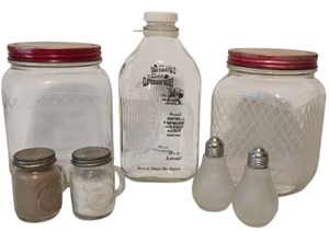 lot 350 image: Vintage Glass Cloverleaf Dairy Milk Jug, Two Vintage Glass Nashs Coffee Canisters and More