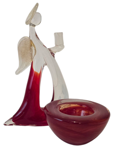 lot 346 image: Vintage Kosta Boda Red Atoll Anna Ehrner Red Swirl Candle Votive Holder & Murano Style Angel Glass Candleholder