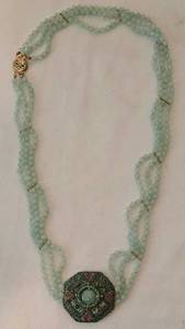 lot 347 image: Vintage Multi-Strand Jadeite Beaded Necklace with Woven Style Pendant with Beads