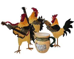 lot 340 image: Decorative Metal Musical Rooster Figurine and a Decorative Pitcher