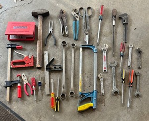 lot 458 image: Saw, Mallet, Screwdrivers, Wrench, Pliers and More