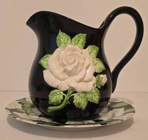 lot 372 image: Vintage 1982 Fitz & Floyd Pitcher Black White Rose Floral Pattern Ceramic Hand Painted & Coordinating Plate