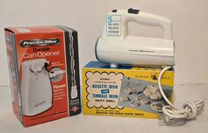 lot 450 image: New in Box Proctor Silex Can Opener, Nordic Ware Rosette Iron and Cuisinart Hand Mixer