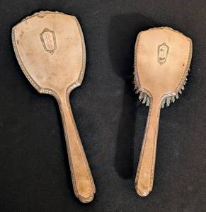 lot 121 image: Monogrammed Sterling Silver Hand Mirror and Brush