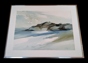 lot 125 image: Large Framed Seaside Watercolor Painting