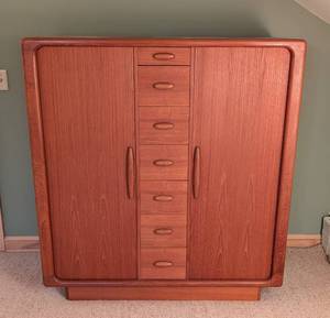 lot 16 image: Dyrlund Mid Century Danish Teak Tambour Door Armoire Highboy Dresser