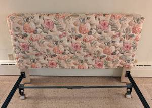 lot 52 image: Floral Upholstered Queen Headboard and Frame