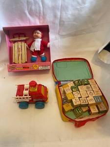 lot 30 image: Vintage Toy Collection Sled Doll, Pushn Go Truck, Alphabet Blocks Set