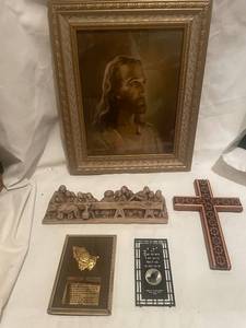 lot 33 image: Collection of Religious Art and Decor Framed Jesus Portrait, Last Supper Carving, Cross, Prayers