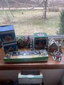 lot 71 image: Collection of Hand-Painted Porcelain Santa Village and Victorian Streetlights