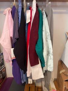 lot 128 image: Collection of Womens Clothing Including Jackets, Sweaters, and Pants - Various Brands and Sizes