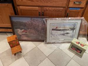 lot 141 image: Framed Winter Scene Art Print and Set of 2 Cardinal Figurines