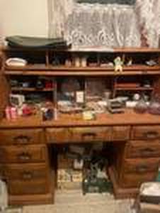 Wooden Roll-Top Desk with Drawers and Office Supplies