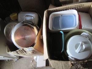 lot 193 image: 3-box lot of kitchen pans, food sto...