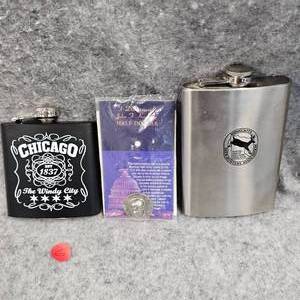 lot 6 image: (2)Flasks & JFK 3D Coin Medallian