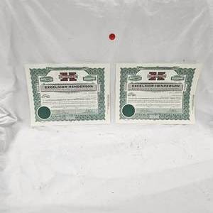lot 77 image: (2) Excelsior Henderson Stock Shares, Unissued