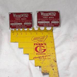 lot 150 image: Whirlwind Power Mower New Unused VIN Plates, Factory Perfect(2) & Funks Hybrid Corn Seed Advertising