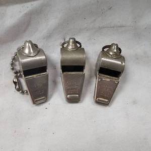 lot 152 image: (3) Acme Thunder Vintage Whistles (Solid Brass)