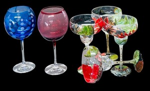 lot 52 image: Colorful Stemmed Glasses and Hand Painted Margarita Glasses