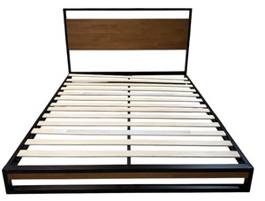 lot 24 image: Platform Bed with Headboard  Slats, Black Metal and Wood Headboard