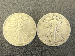 lot 14 image: 2 1945D Walking Liberty Half Dollars
