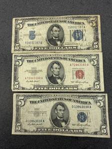 lot 64 image: 3 $5.00 Silver Certificates